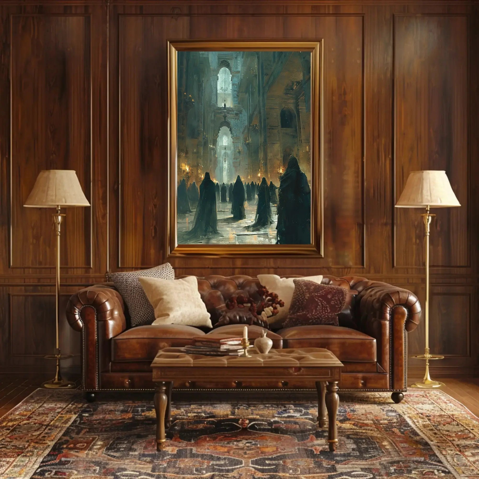 Mysterious Ritual Gathering in Grand Gothic Hall Poster PosterGoat