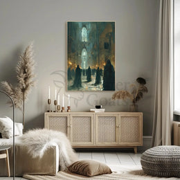 Mysterious Ritual Gathering in Grand Gothic Hall Poster PosterGoat