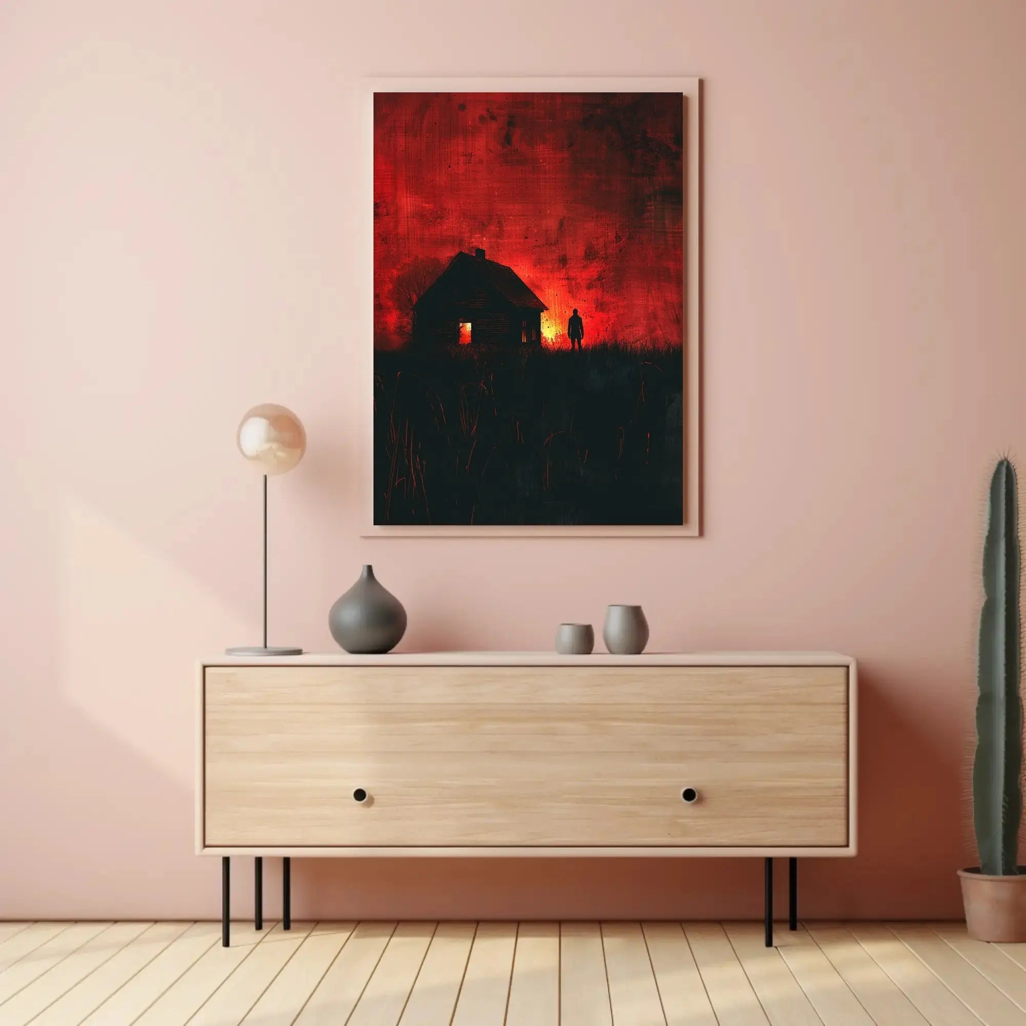 Mysterious Silhouette in Fiery Scene Artistic Poster PosterGoat