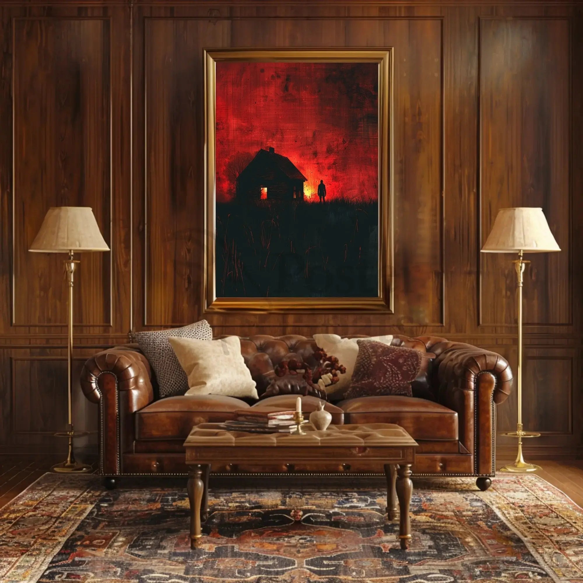 Mysterious Silhouette in Fiery Scene Artistic Poster PosterGoat