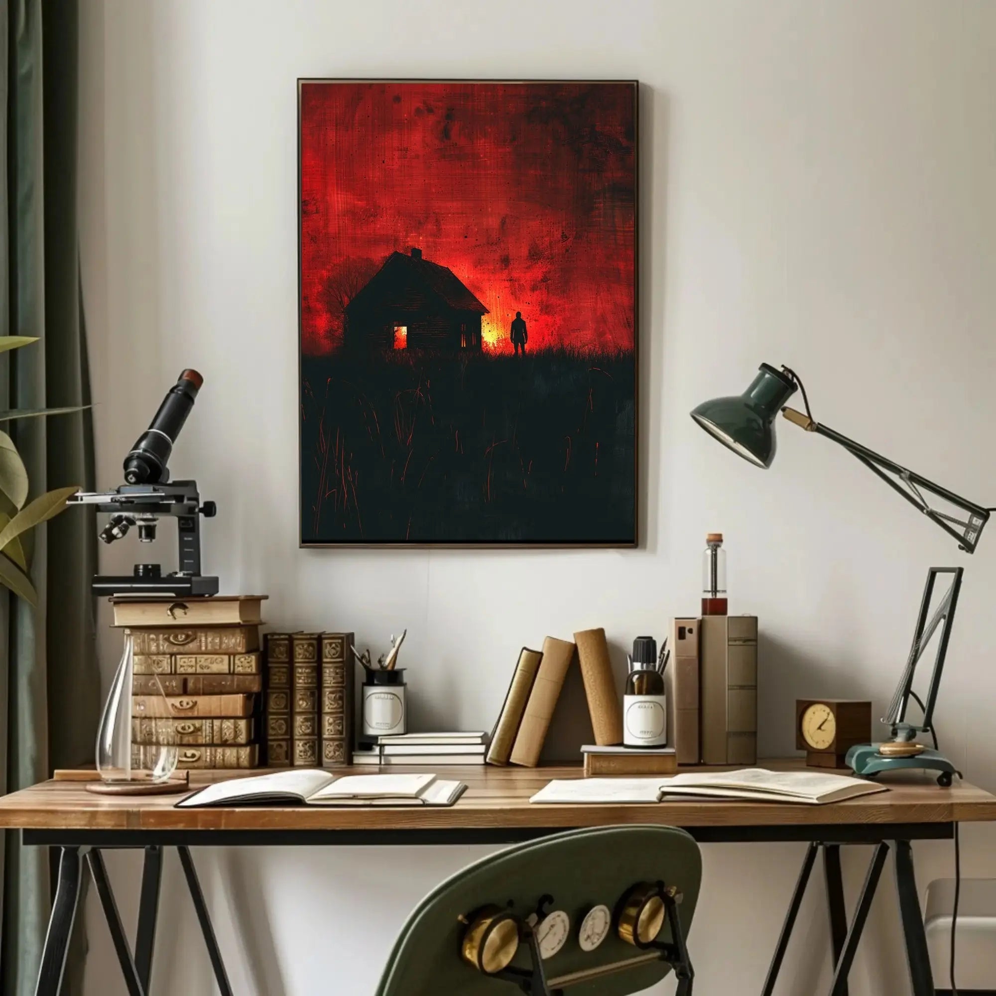 Mysterious Silhouette in Fiery Scene Artistic Poster PosterGoat