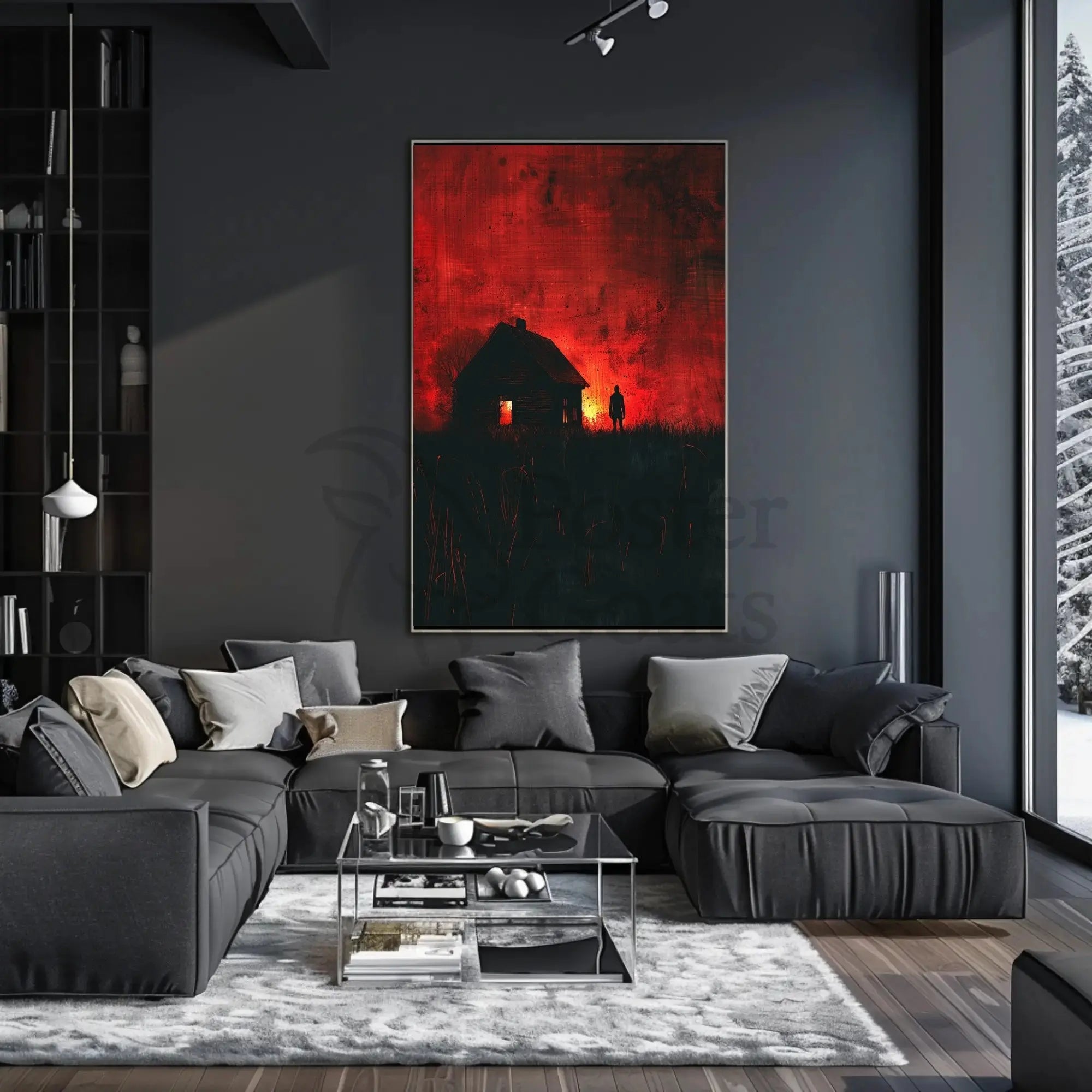 Mysterious Silhouette in Fiery Scene Artistic Poster PosterGoat