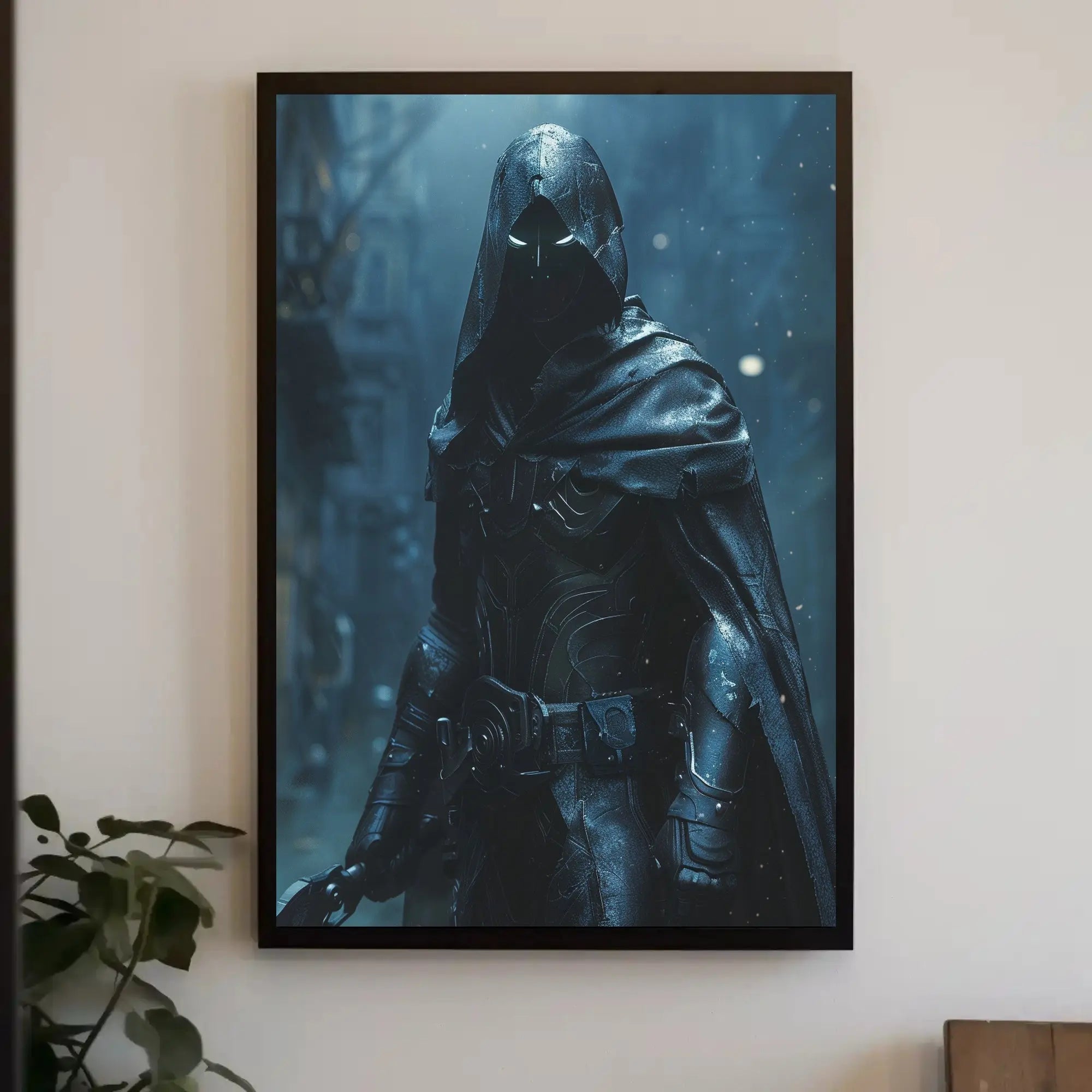 Mysterious Vigilante in Cyberpunk Cityscape Futuristic Sci-Fi Poster PosterGoat