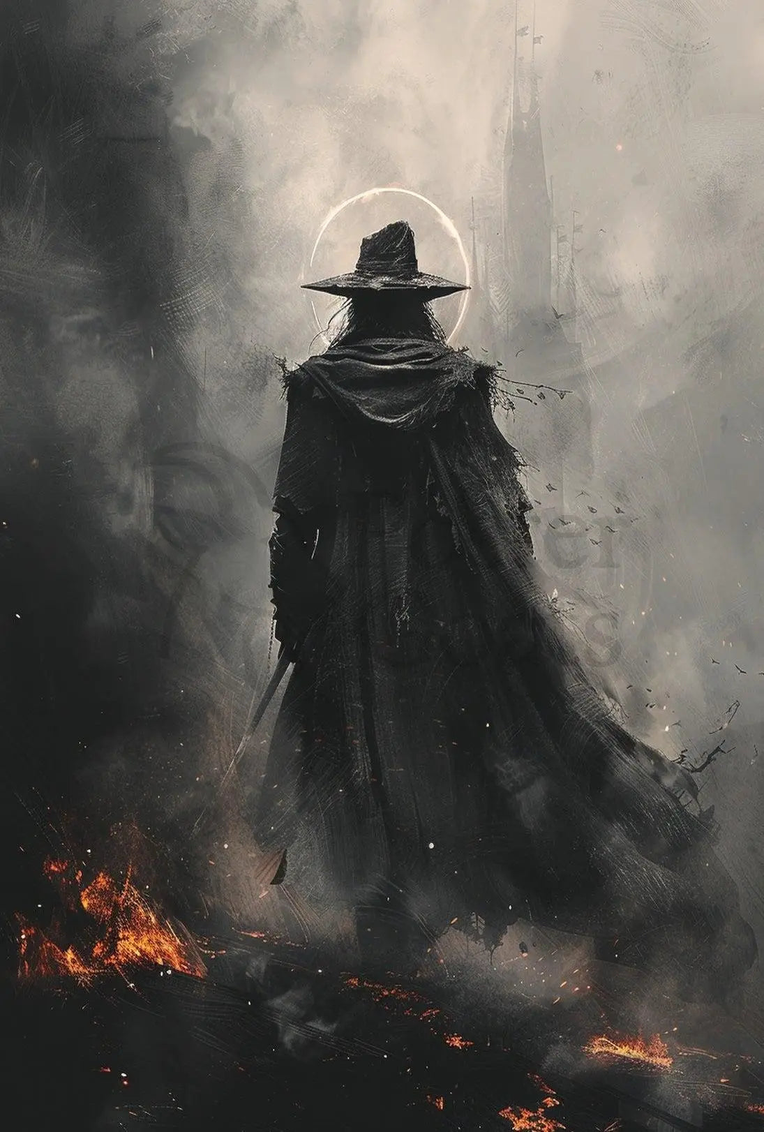 Mysterious Wizard in Fiery Landscape Artistic Fantasy Poster PosterGoat