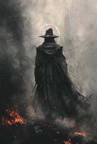 Mysterious Wizard in Fiery Landscape Artistic Fantasy Poster PosterGoat