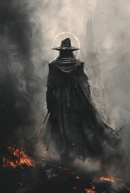 Mysterious Wizard in Fiery Landscape Artistic Fantasy Poster PosterGoat