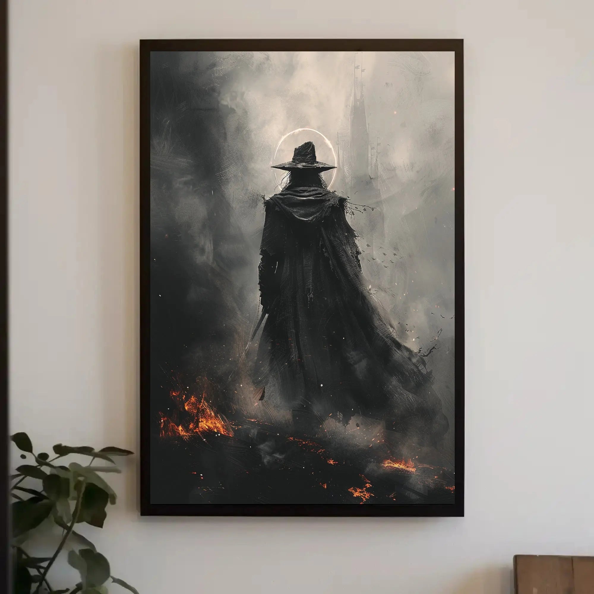 Mysterious Wizard in Fiery Landscape Artistic Fantasy Poster PosterGoat