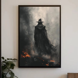 Mysterious Wizard in Fiery Landscape Artistic Fantasy Poster PosterGoat