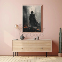 Mysterious Wizard in Fiery Landscape Artistic Fantasy Poster PosterGoat