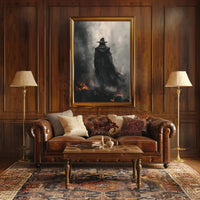 Mysterious Wizard in Fiery Landscape Artistic Fantasy Poster PosterGoat