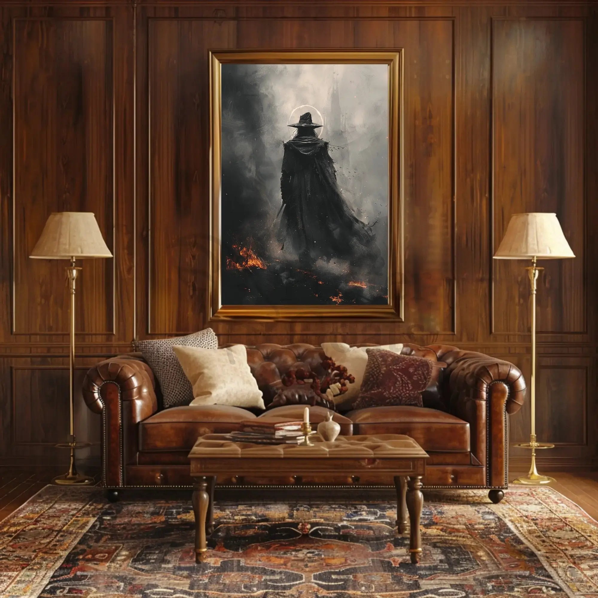 Mysterious Wizard in Fiery Landscape Artistic Fantasy Poster PosterGoat