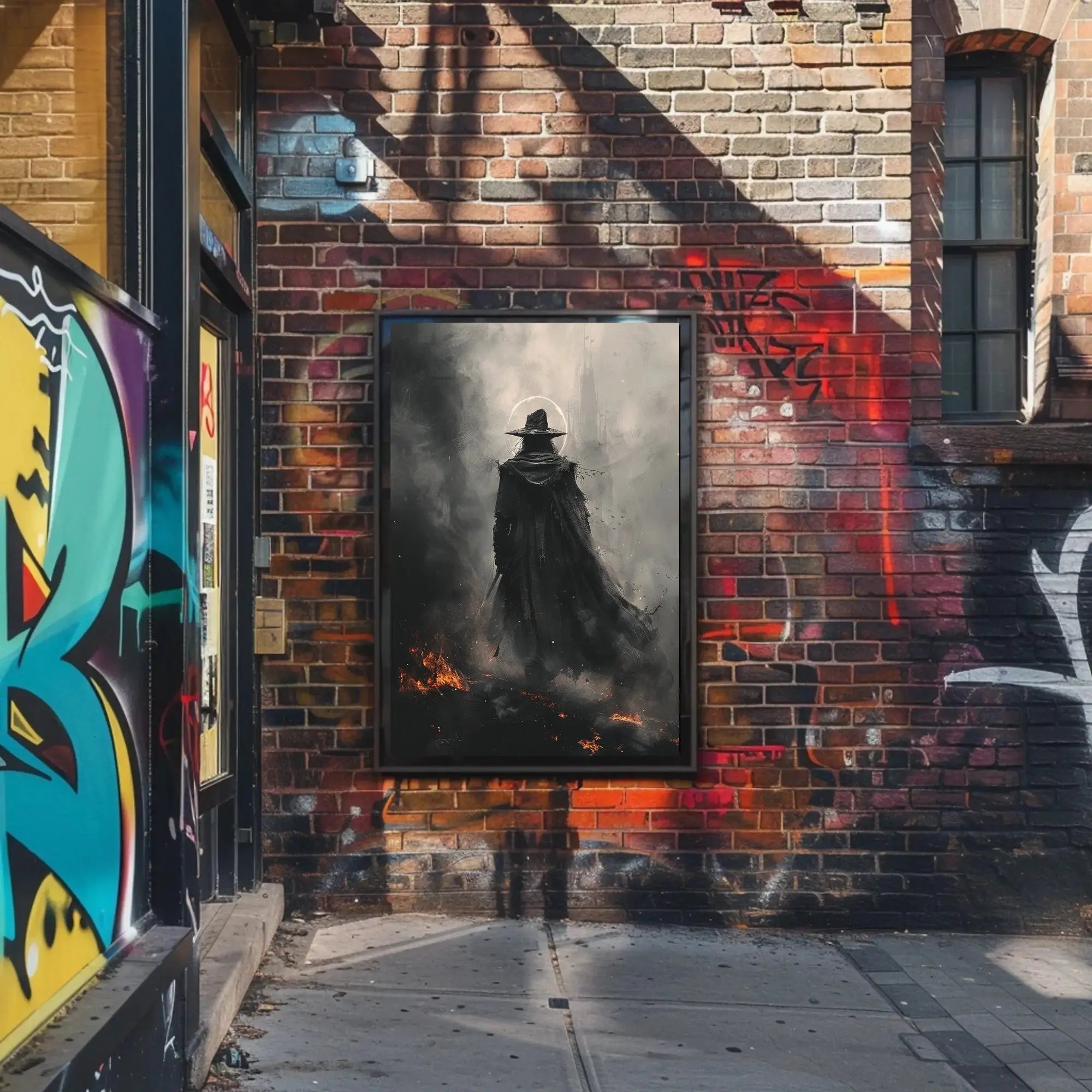 Mysterious Wizard in Fiery Landscape Artistic Fantasy Poster PosterGoat