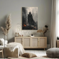 Mysterious Wizard in Fiery Landscape Artistic Fantasy Poster PosterGoat
