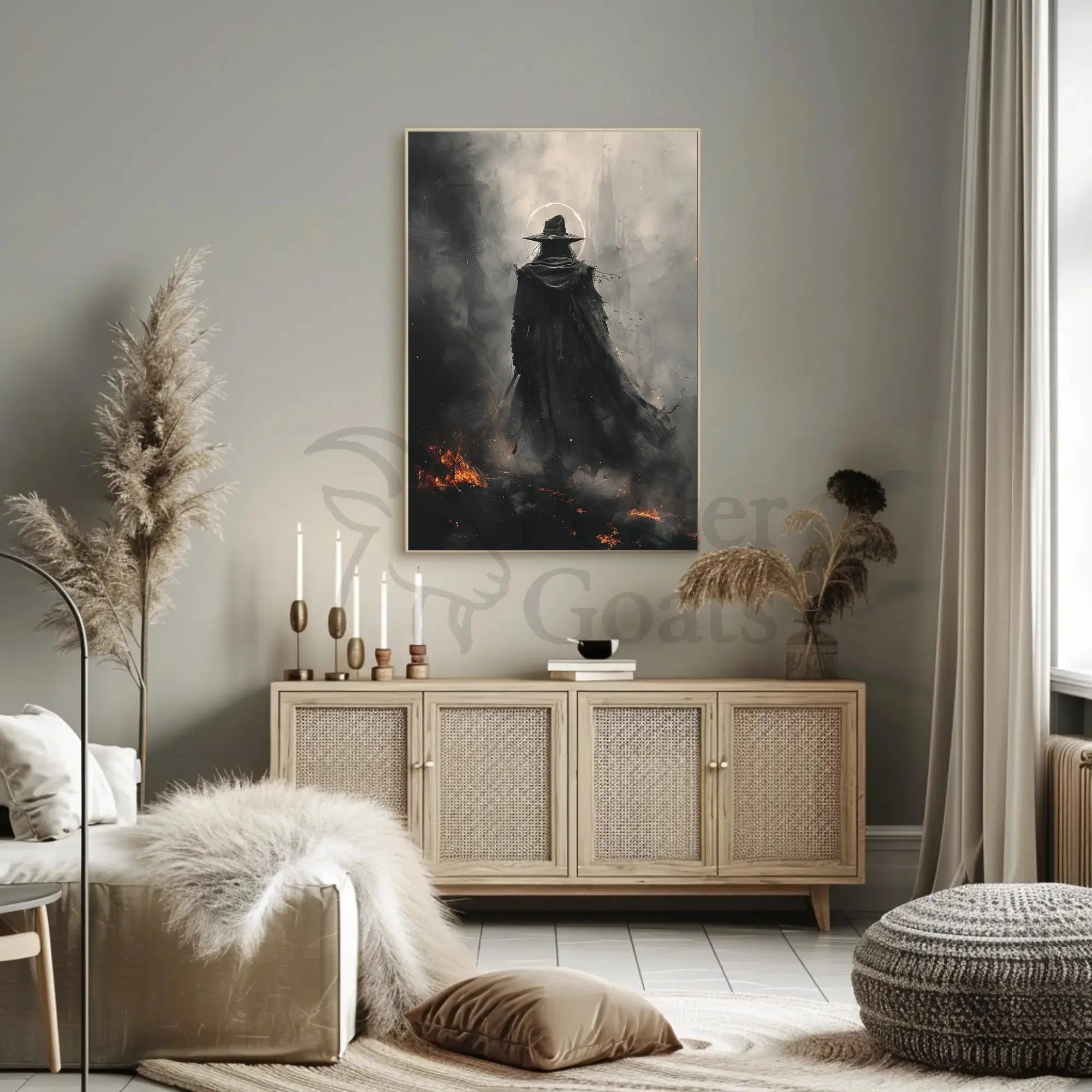 Mysterious Wizard in Fiery Landscape Artistic Fantasy Poster PosterGoat