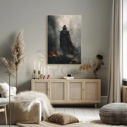 Mysterious Wizard in Fiery Landscape Artistic Fantasy Poster PosterGoat