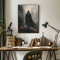 Mysterious Wizard in Fiery Landscape Artistic Fantasy Poster PosterGoat