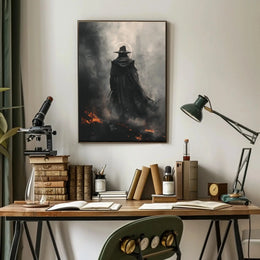Mysterious Wizard in Fiery Landscape Artistic Fantasy Poster PosterGoat