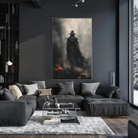 Mysterious Wizard in Fiery Landscape Artistic Fantasy Poster PosterGoat
