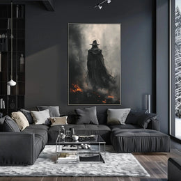 Mysterious Wizard in Fiery Landscape Artistic Fantasy Poster PosterGoat