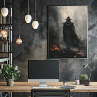 Mysterious Wizard in Fiery Landscape Artistic Fantasy Poster PosterGoat
