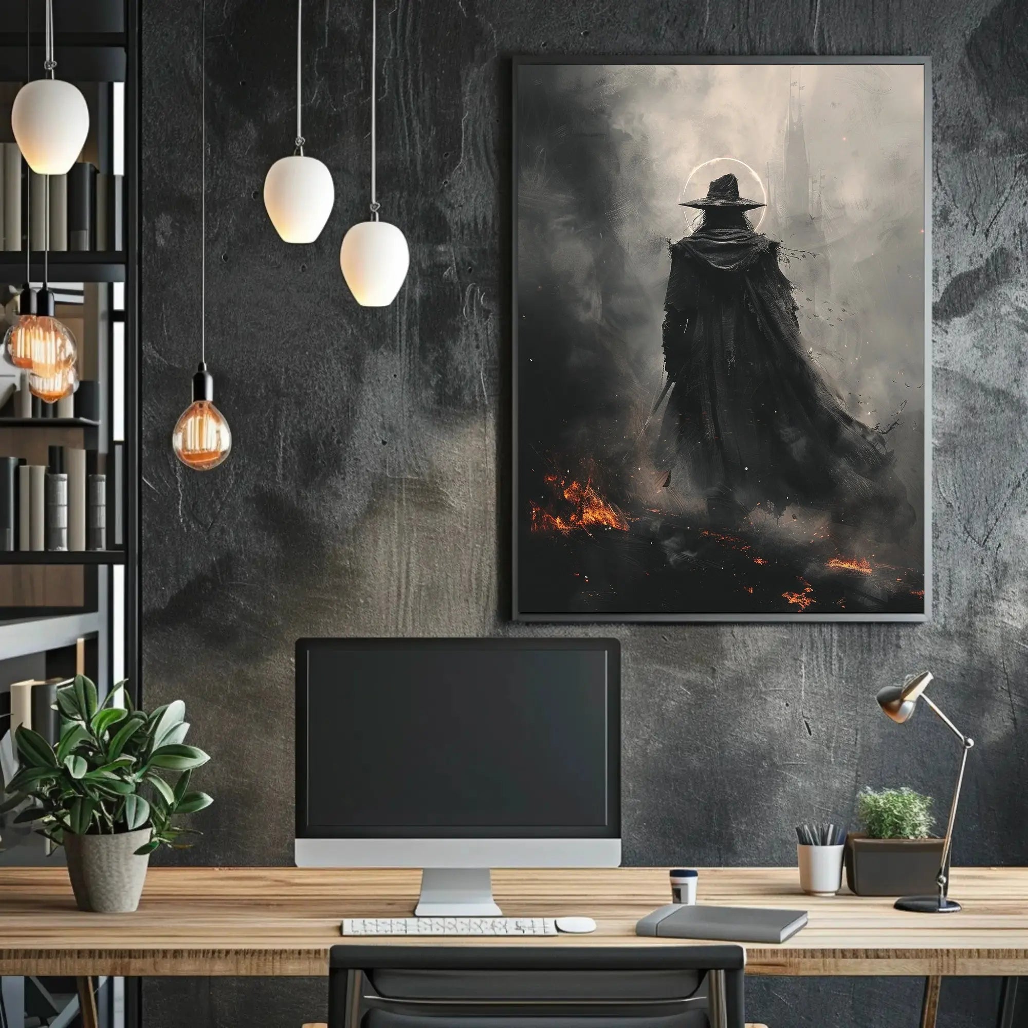 Mysterious Wizard in Fiery Landscape Artistic Fantasy Poster PosterGoat