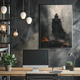 Mysterious Wizard in Fiery Landscape Artistic Fantasy Poster PosterGoat
