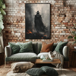 Mysterious Wizard in Fiery Landscape Artistic Fantasy Poster PosterGoat
