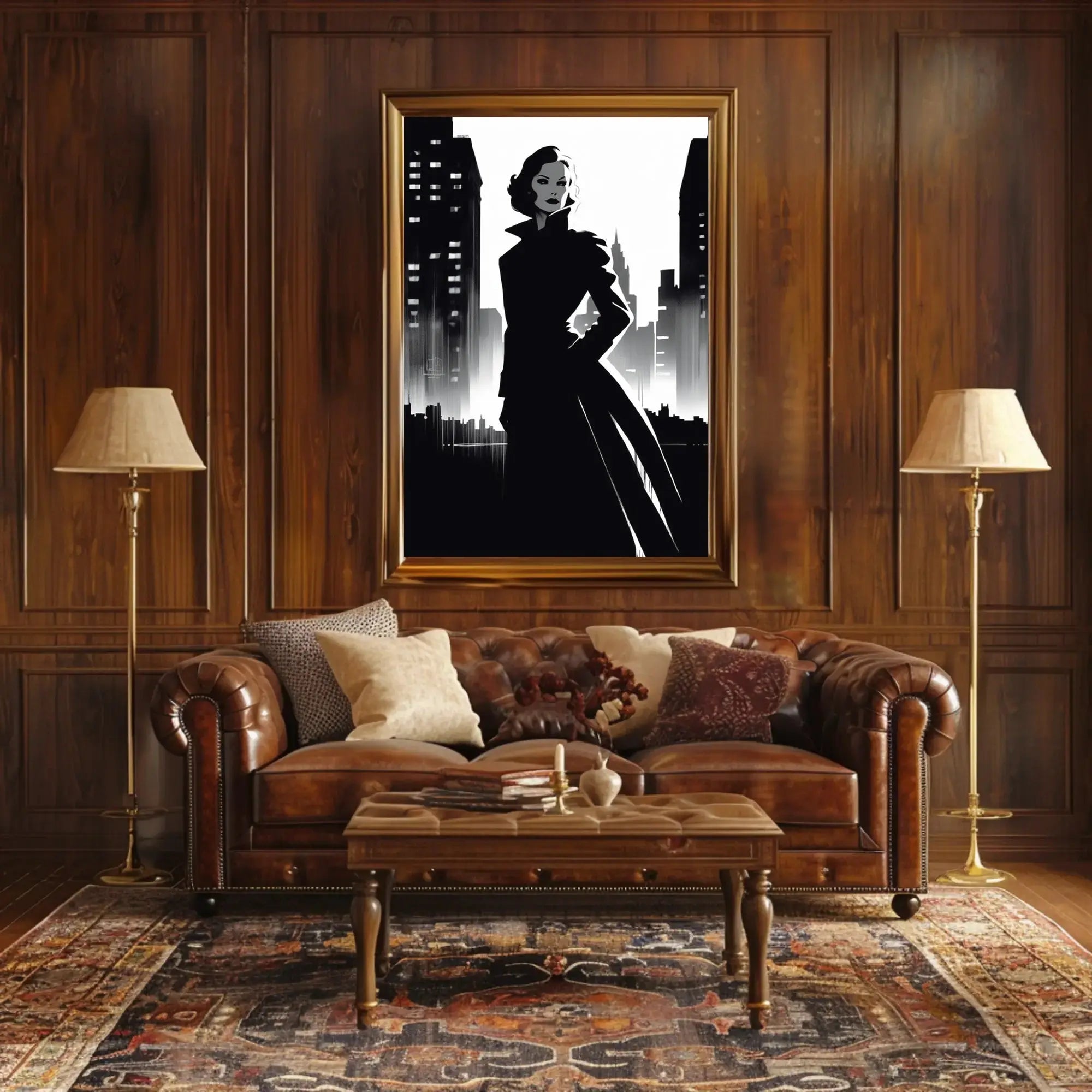 Mysterious Woman Noir Cityscape Artistic Poster PosterGoat
