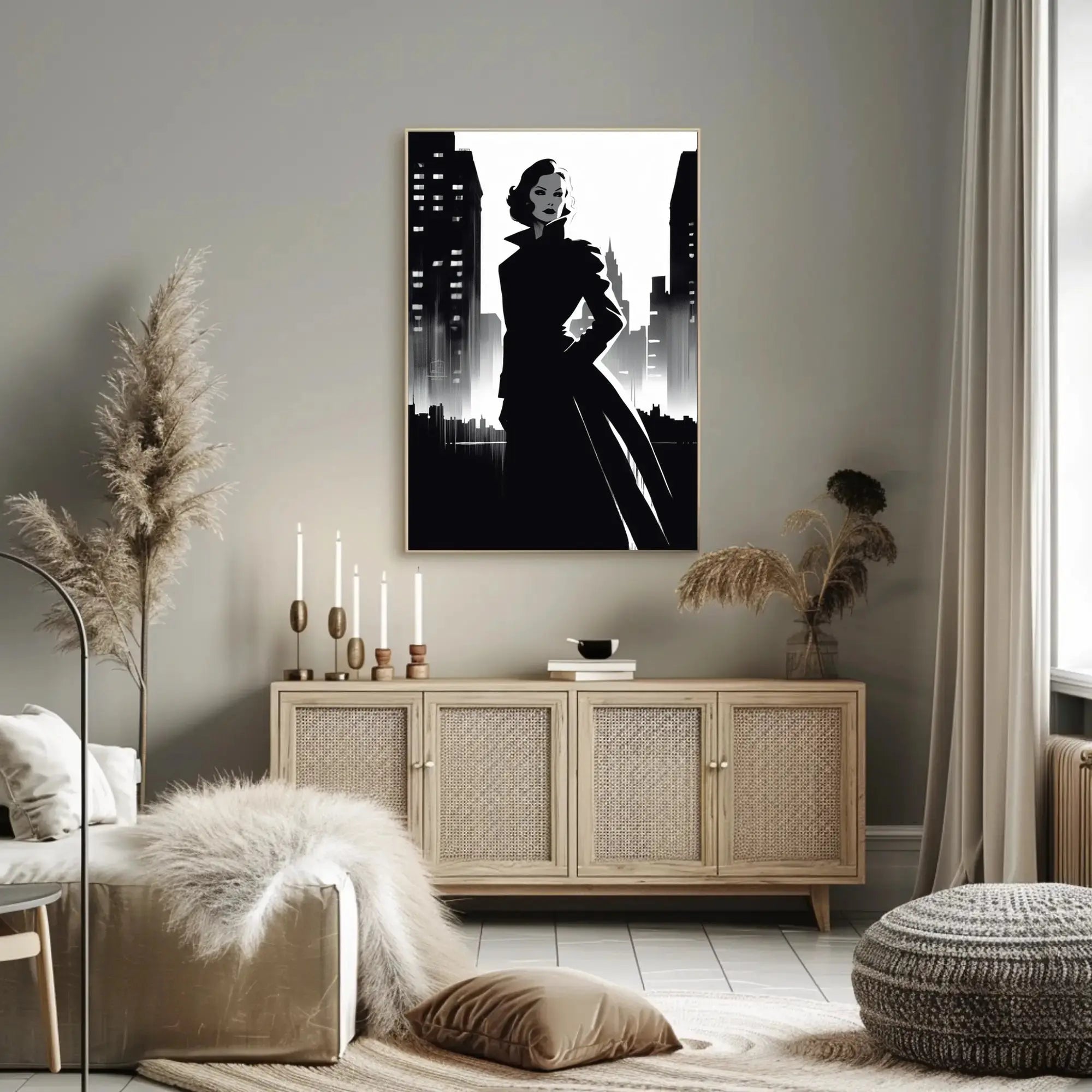 Mysterious Woman Noir Cityscape Artistic Poster PosterGoat