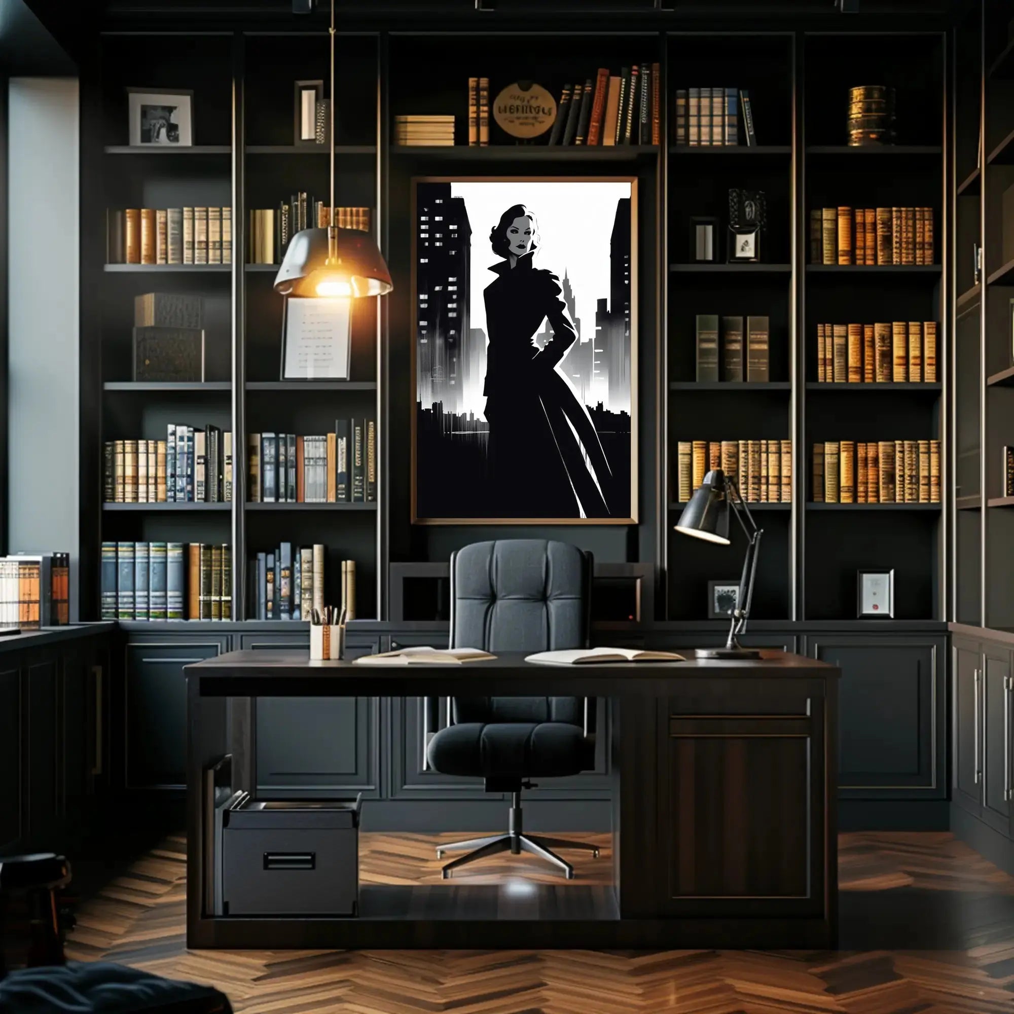 Mysterious Woman Noir Cityscape Artistic Poster PosterGoat