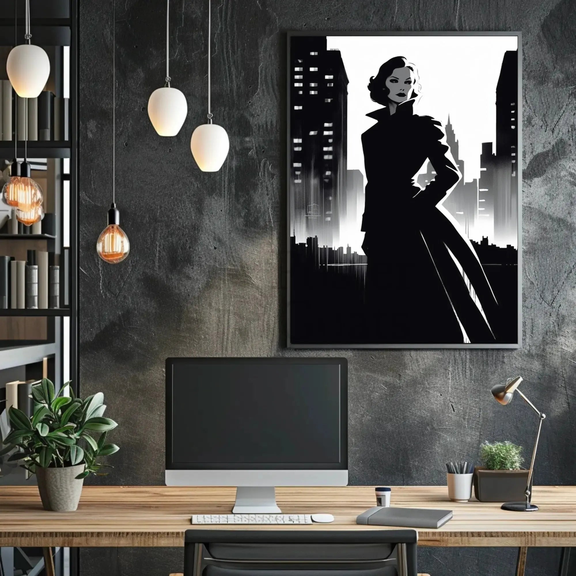 Mysterious Woman Noir Cityscape Artistic Poster PosterGoat