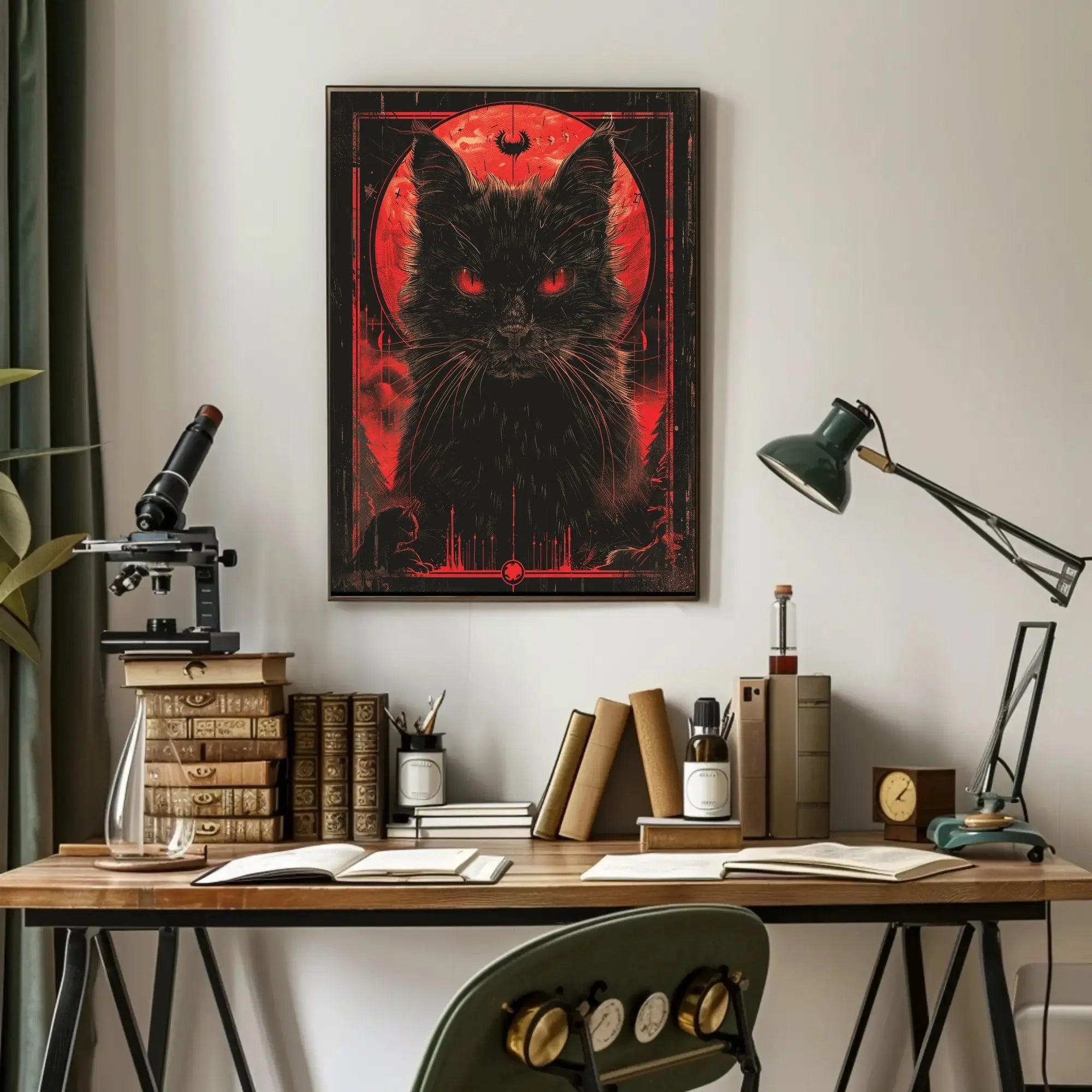 Mystical Black Cat with Red Moon - Artistic Poster PosterGoat