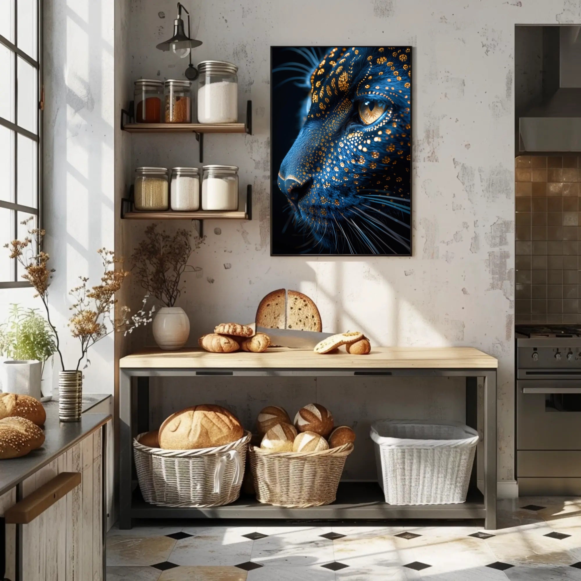 Mystical Blue Cat with Golden Patterns Animal Poster PosterGoat