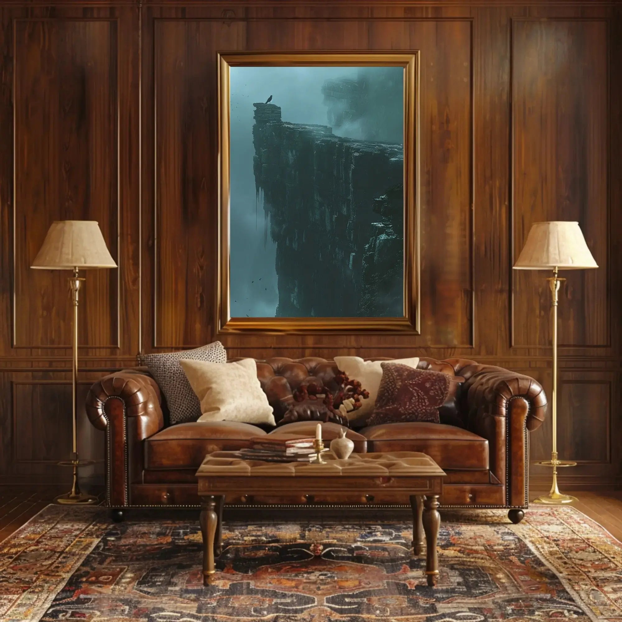 Mystical Cliffside Solitude in Artistic Fantasy Poster PosterGoat