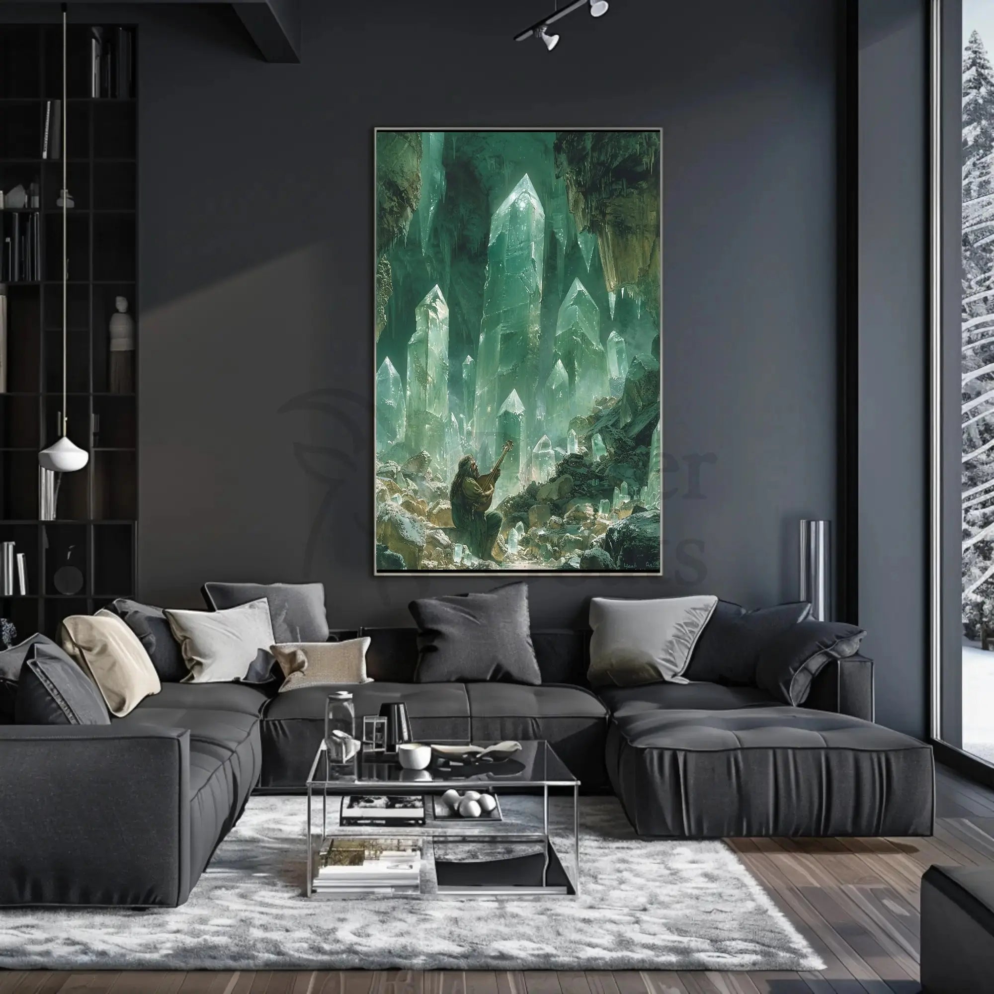 Mystical Crystalline Cavern Lute Player Artistic Fantasy Poster PosterGoat