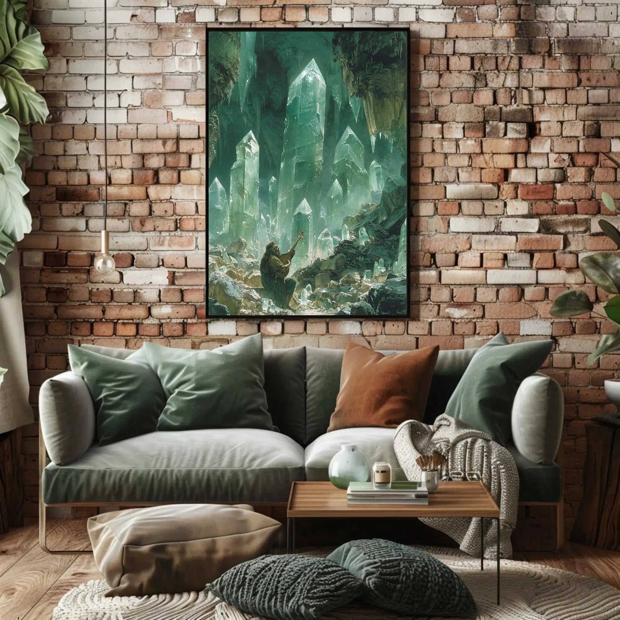 Mystical Crystalline Cavern Lute Player Artistic Fantasy Poster PosterGoat