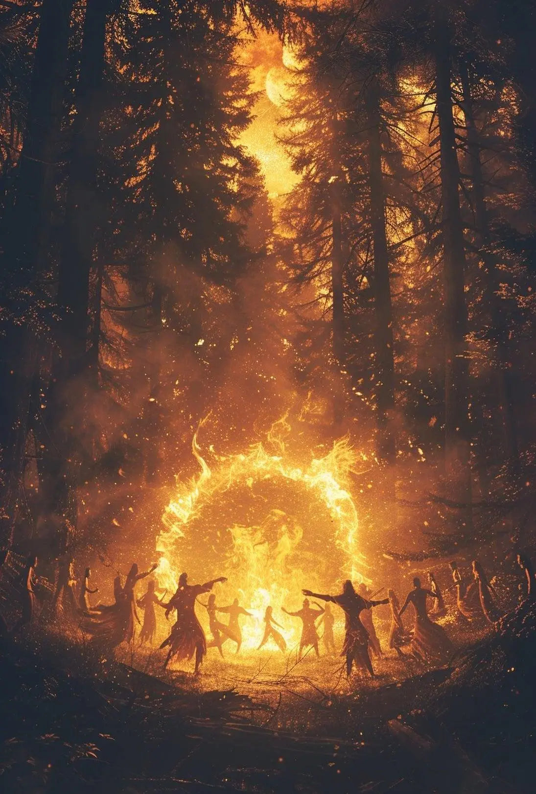 Mystical Dance Under Firelight: Atmospheric Artistic Poster PosterGoat