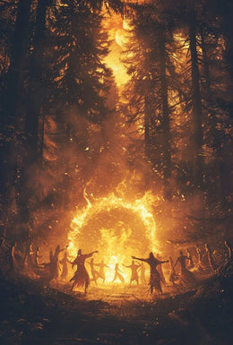 Mystical Dance Under Firelight: Atmospheric Artistic Poster PosterGoat