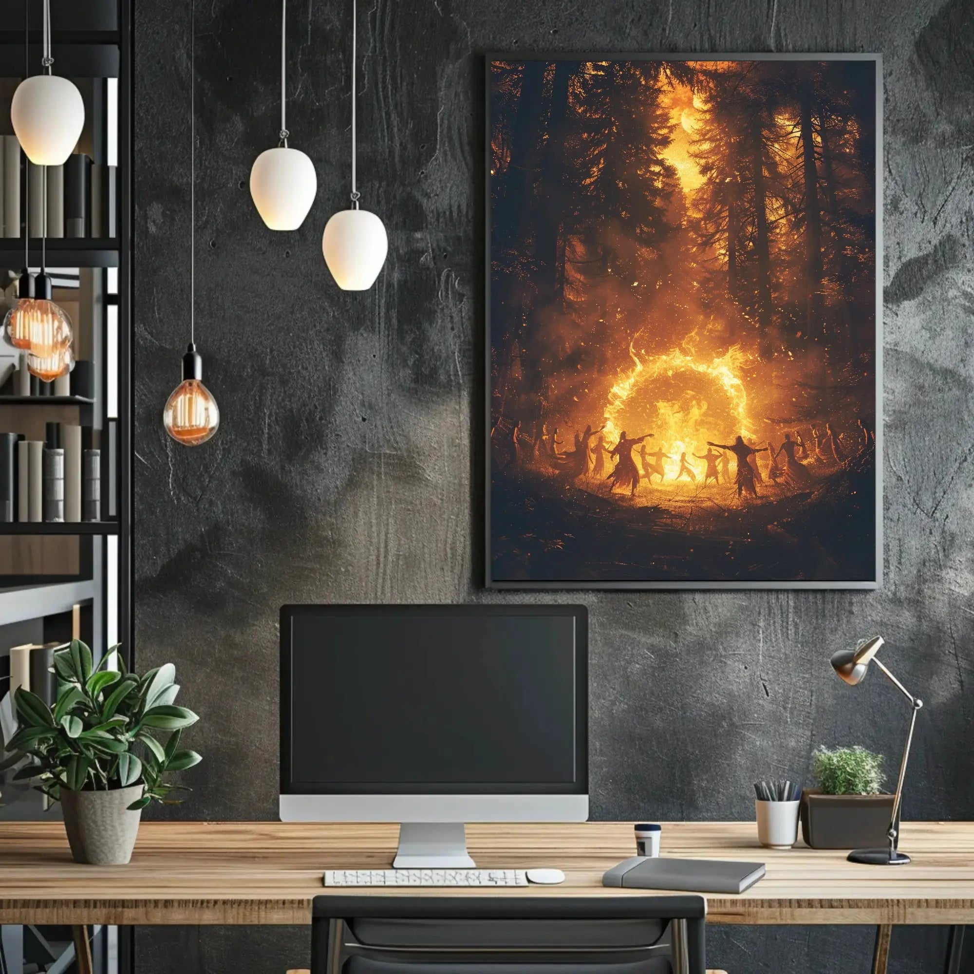 Mystical Dance Under Firelight: Atmospheric Artistic Poster PosterGoat