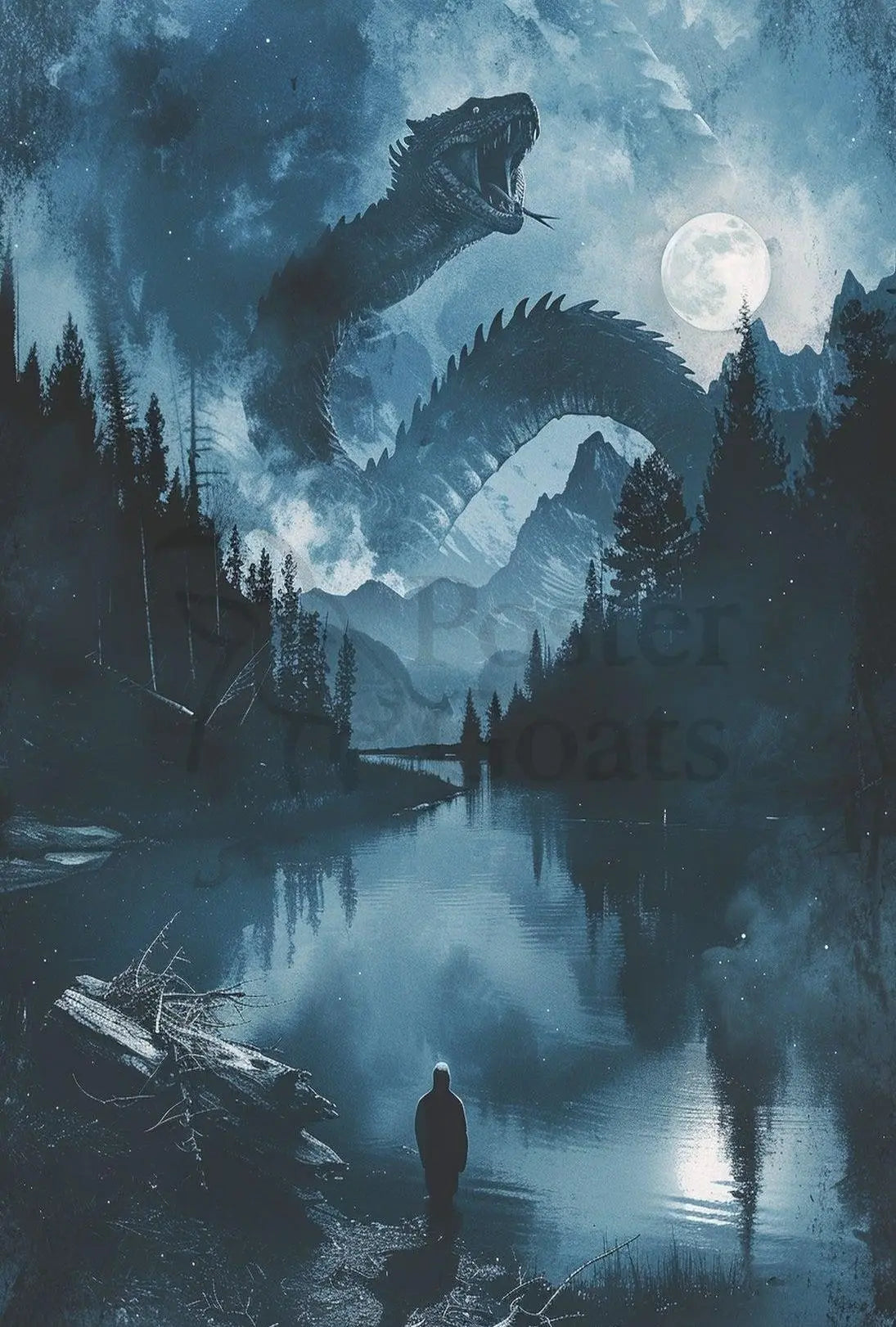 Mystical Dragon Lake in Fantasy Landscape Art Poster PosterGoat