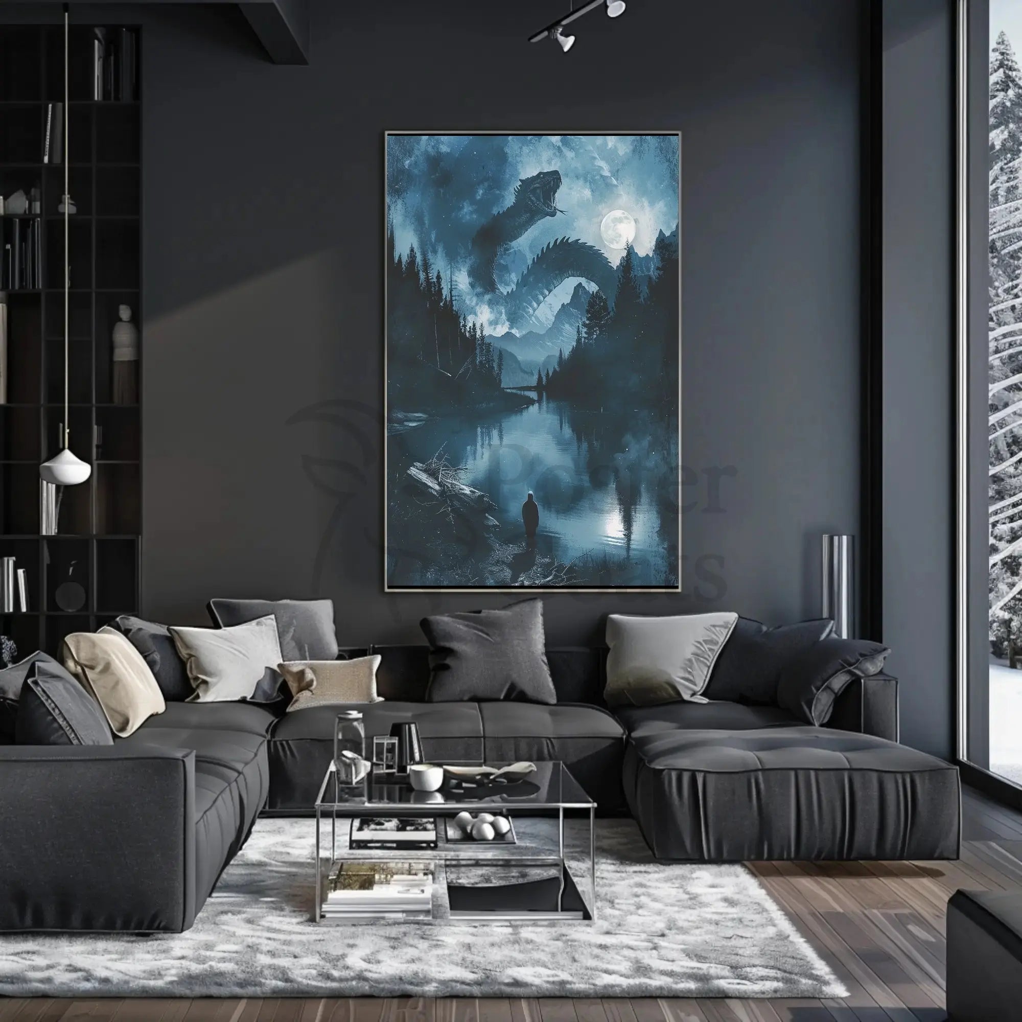 Mystical Dragon Lake in Fantasy Landscape Art Poster PosterGoat
