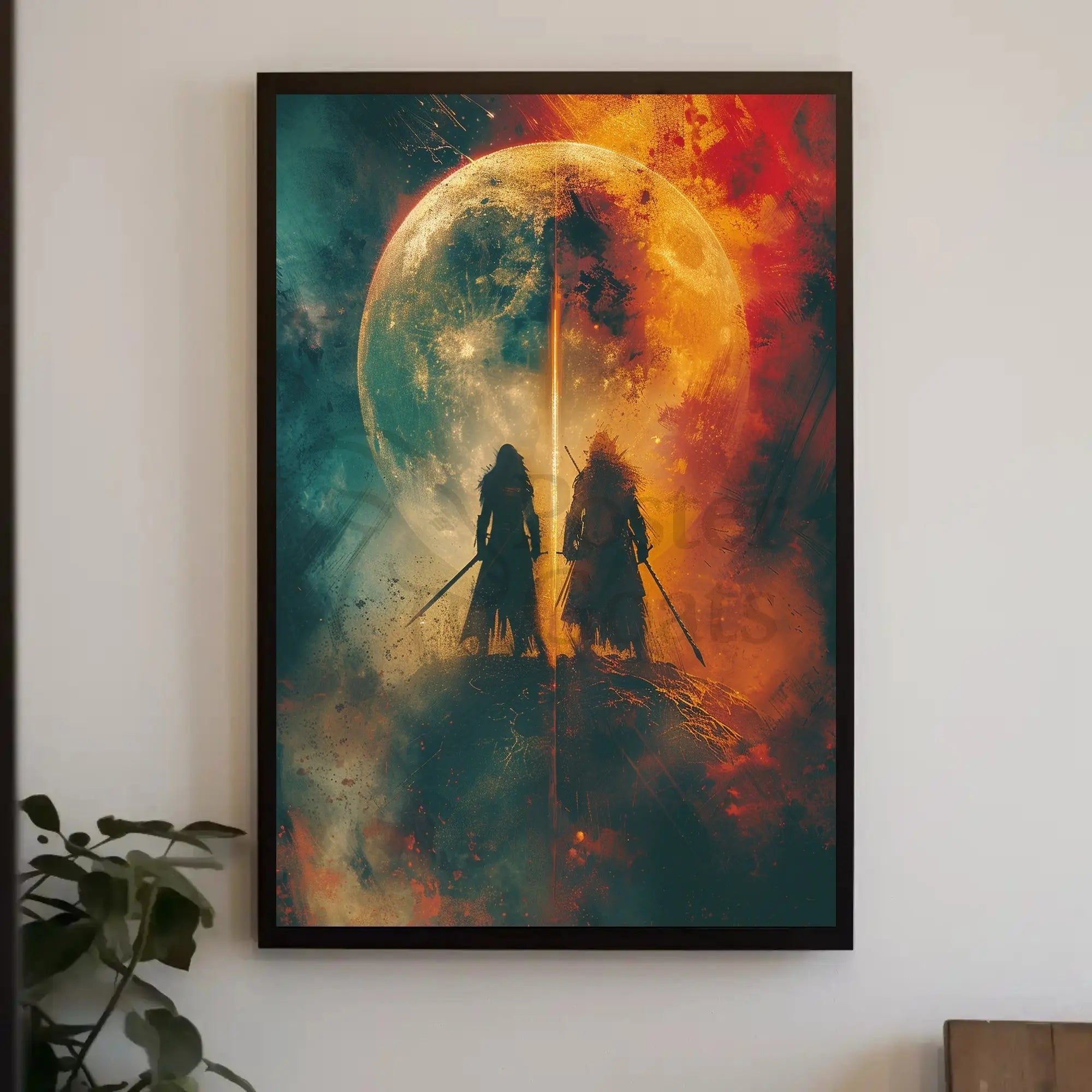 Mystical Duel Under Glowing Orb Abstract, Artistic Poster PosterGoat