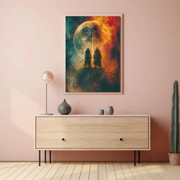 Mystical Duel Under Glowing Orb Abstract, Artistic Poster PosterGoat