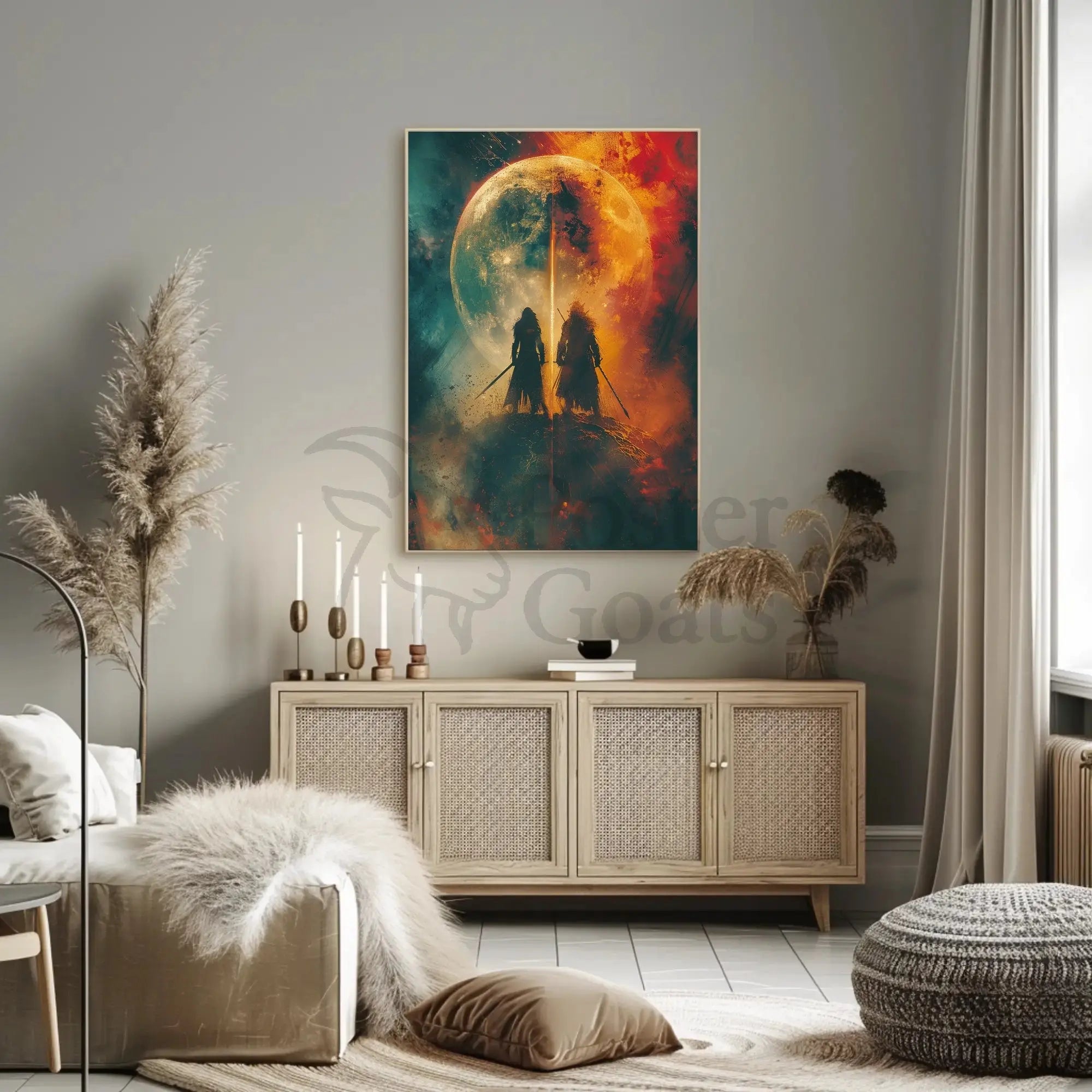 Mystical Duel Under Glowing Orb Abstract, Artistic Poster PosterGoat