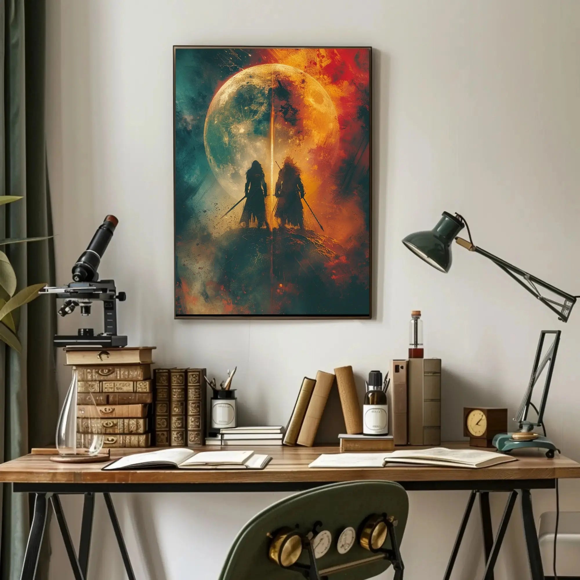 Mystical Duel Under Glowing Orb Abstract, Artistic Poster PosterGoat