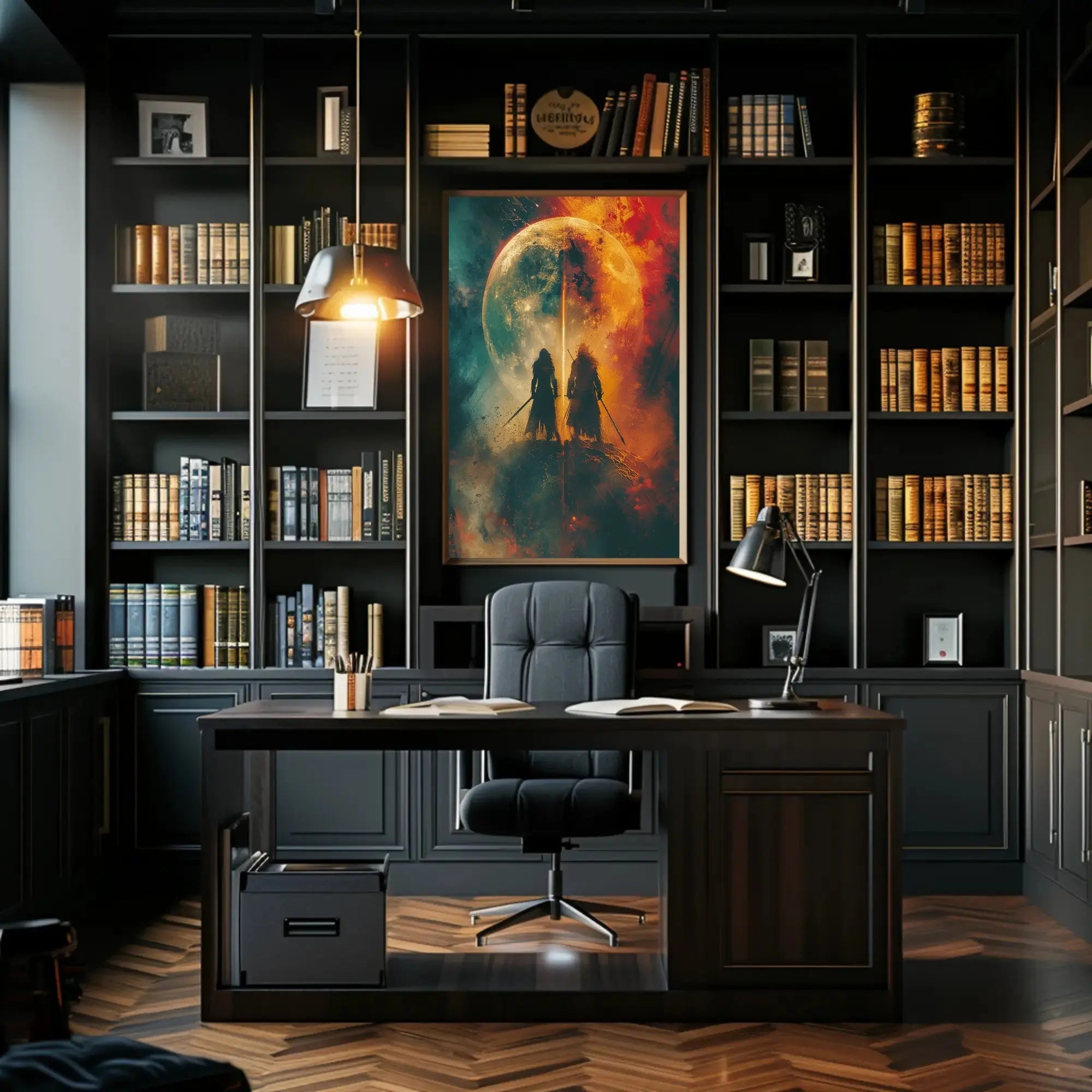 Mystical Duel Under Glowing Orb Abstract, Artistic Poster PosterGoat