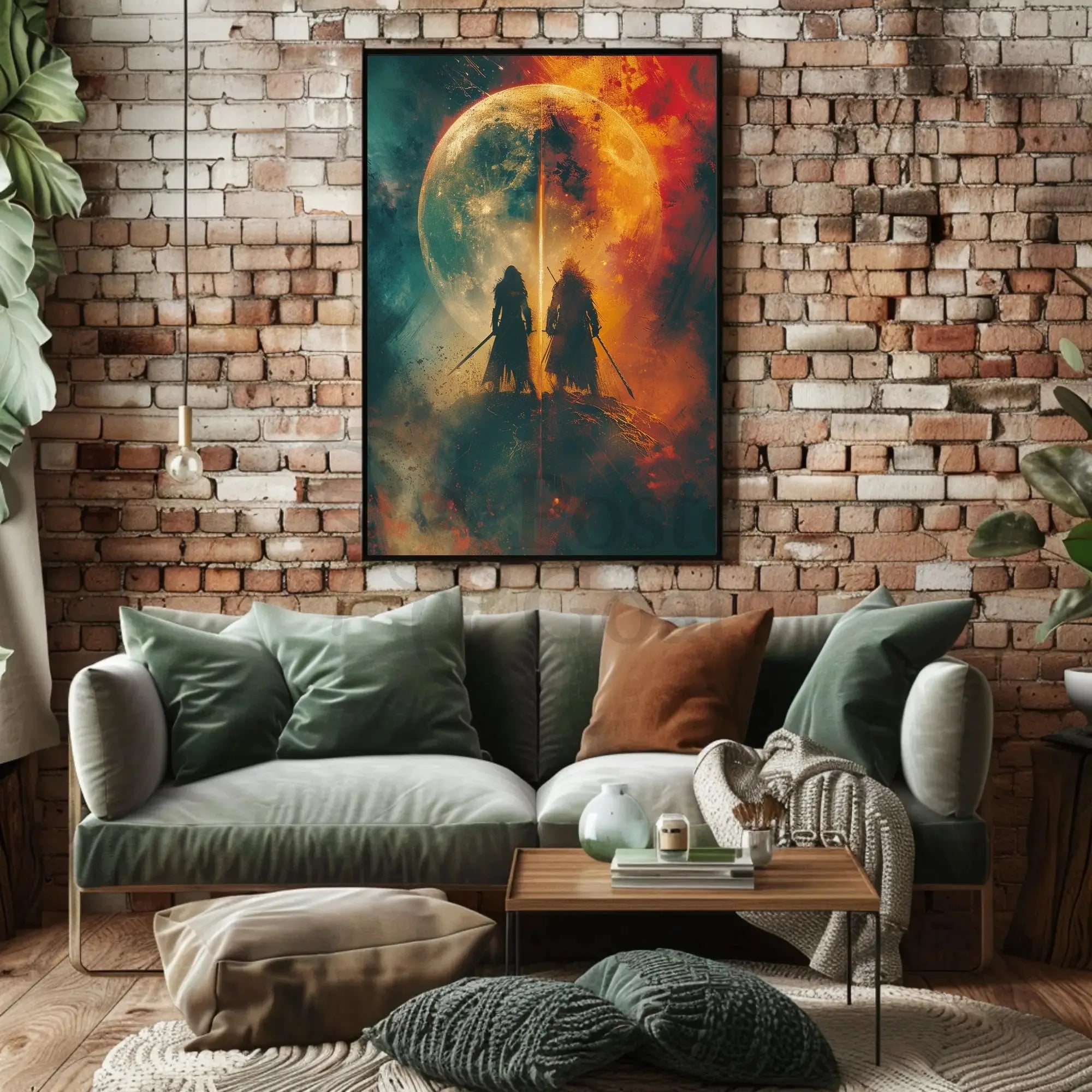 Mystical Duel Under Glowing Orb Abstract, Artistic Poster PosterGoat
