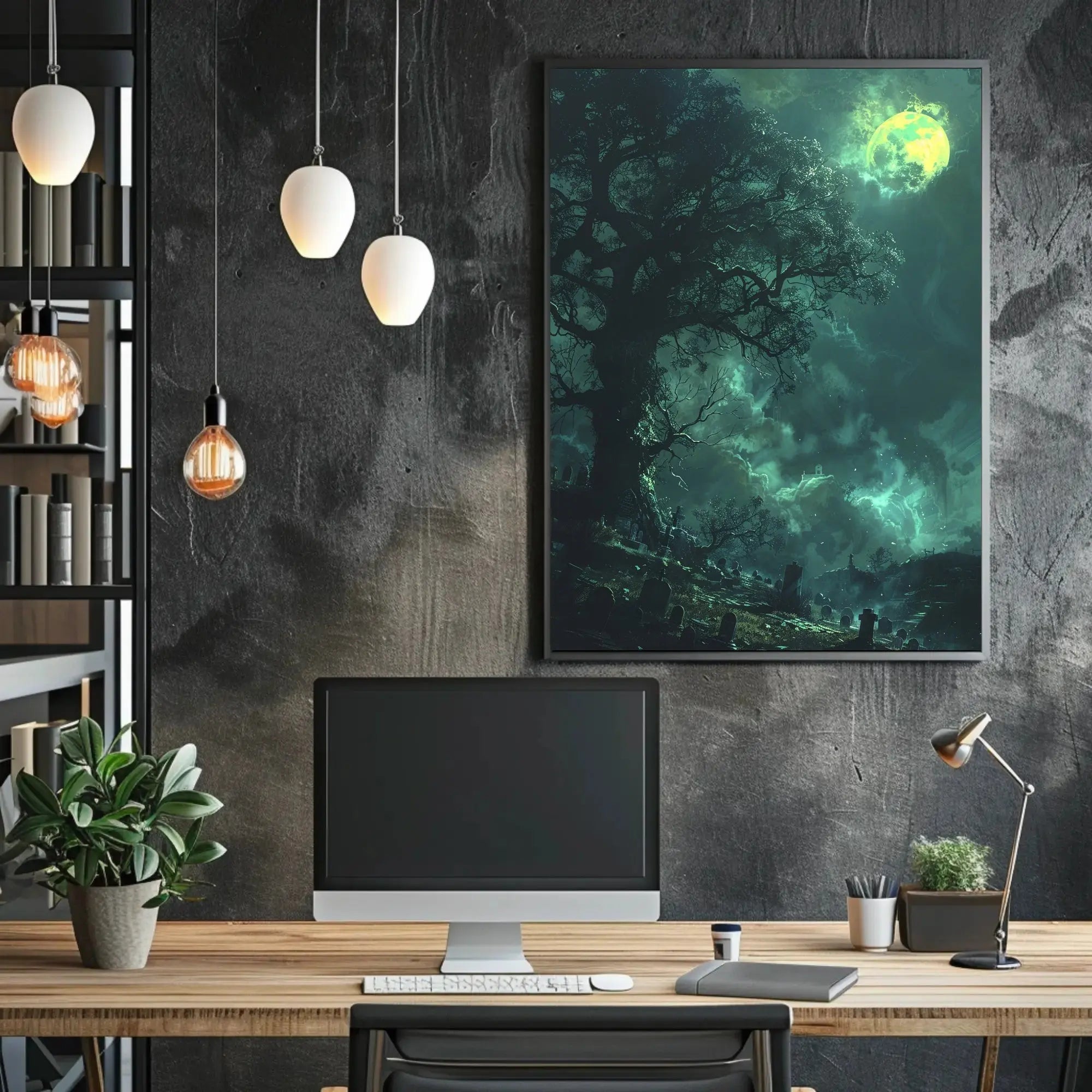 Mystical Graveyard Scene with Full Moon - Artistic Poster PosterGoat