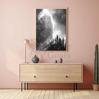 Mystical Journey Through Monochrome Mountains Artistic Poster PosterGoat