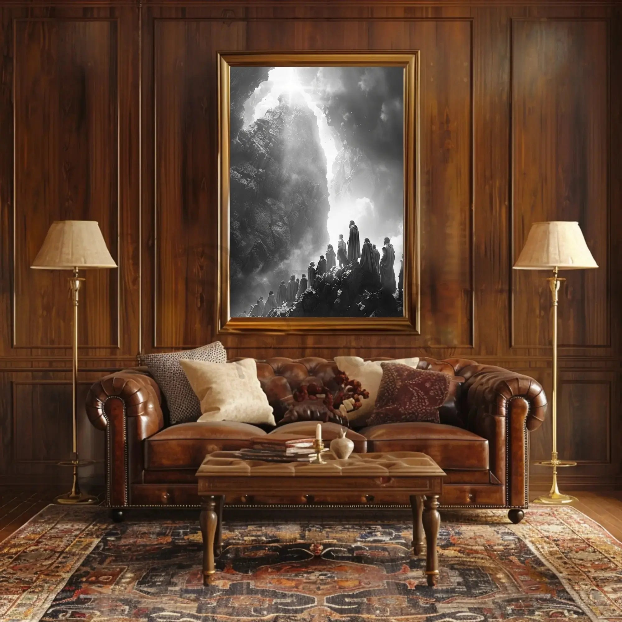 Mystical Journey Through Monochrome Mountains Artistic Poster PosterGoat